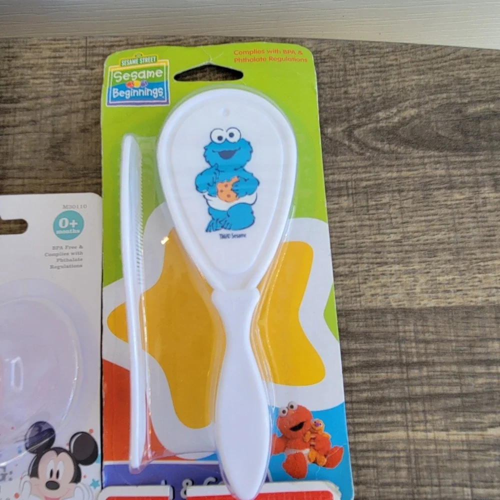Lot Baby Ariel Mickey Minnie Mouse Cookie Monster Pacifier Holder Brush Comb Set